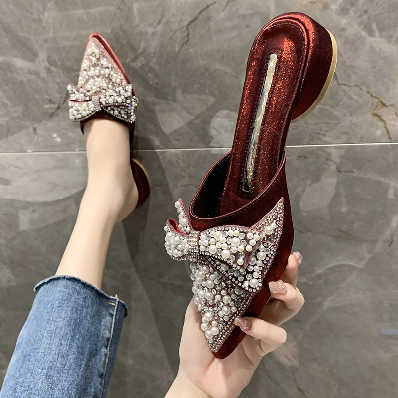 

2022 Autumer New Slippers Women Rhinestone Fashion Slippers Woemn Pointed Toed Bow Shoes Women Causal Slippers Female