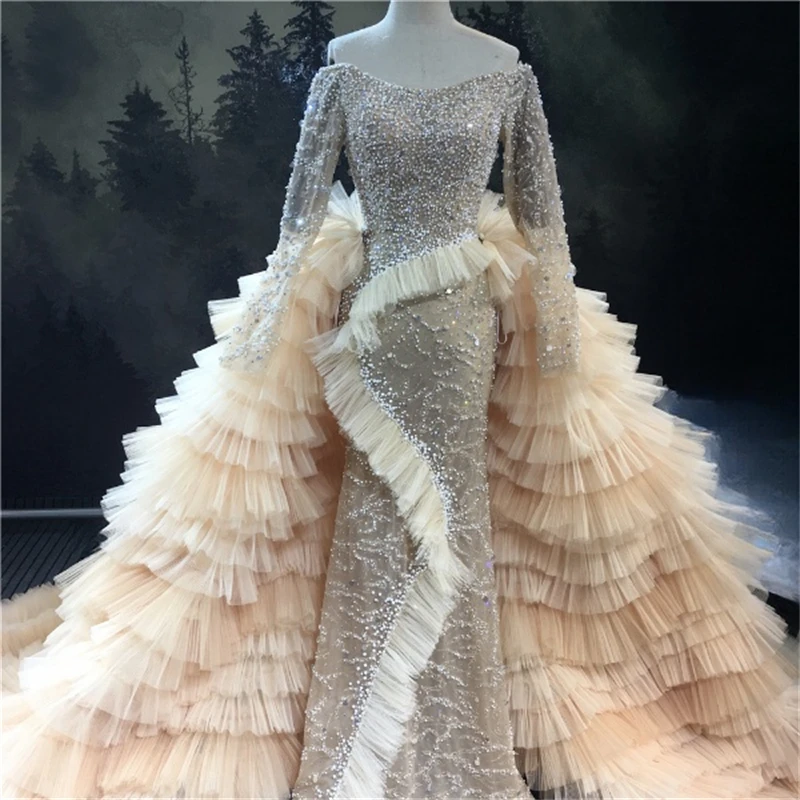 

Marnham Mermaid Wedding Dress 2021 Off the Shoulder Champagne Detachable Skirt Custom Long Sleeves Fur Train Vestido De Novia