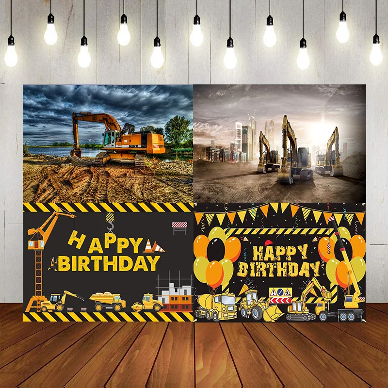 

Construction Photography Backdrop Happy Birthday Banner Dump Truck Excavator Crane Digger Background Party Baby Shower Decor