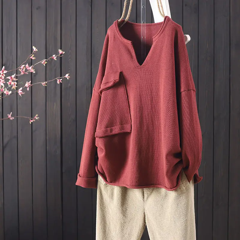 

Женский Хлопковый вязаный свитер, Свободный Повседневный пуловер с длинным рукавом, V-образным вырезом и карманами, модель W728 в декоративно...