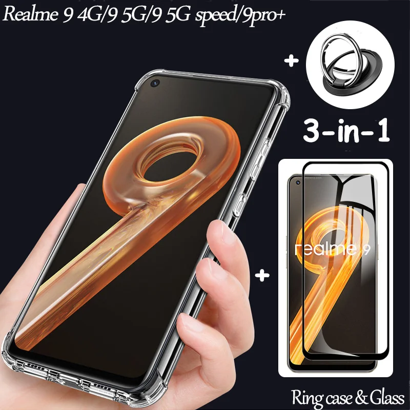 

for realme 4g case & glass realme9 pro plus ring silicon back cover for realmi 9 5g speed edition clear shockproof airbag cases