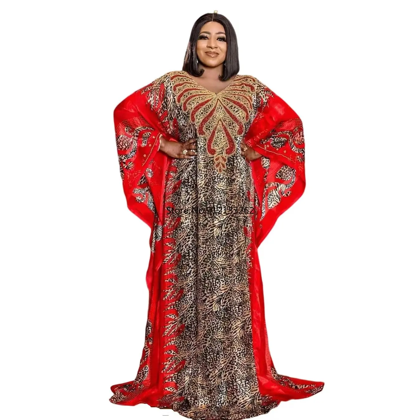 

African mom fashionable chiffon printed dress long robe large swing luxury diamond decoration with inner stretch inner skirt