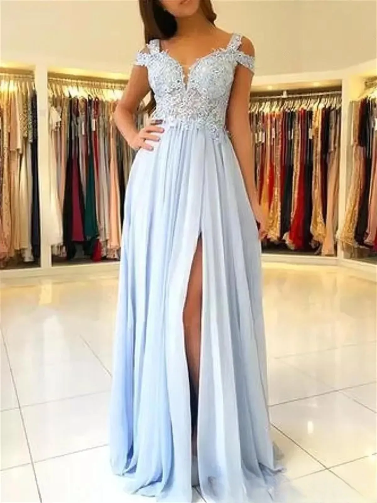 

Chiffon Sleeveless Strapless Evening Lace Applique Beaded with Front Side High Split Women's Birthday Party Formal OccasionDress