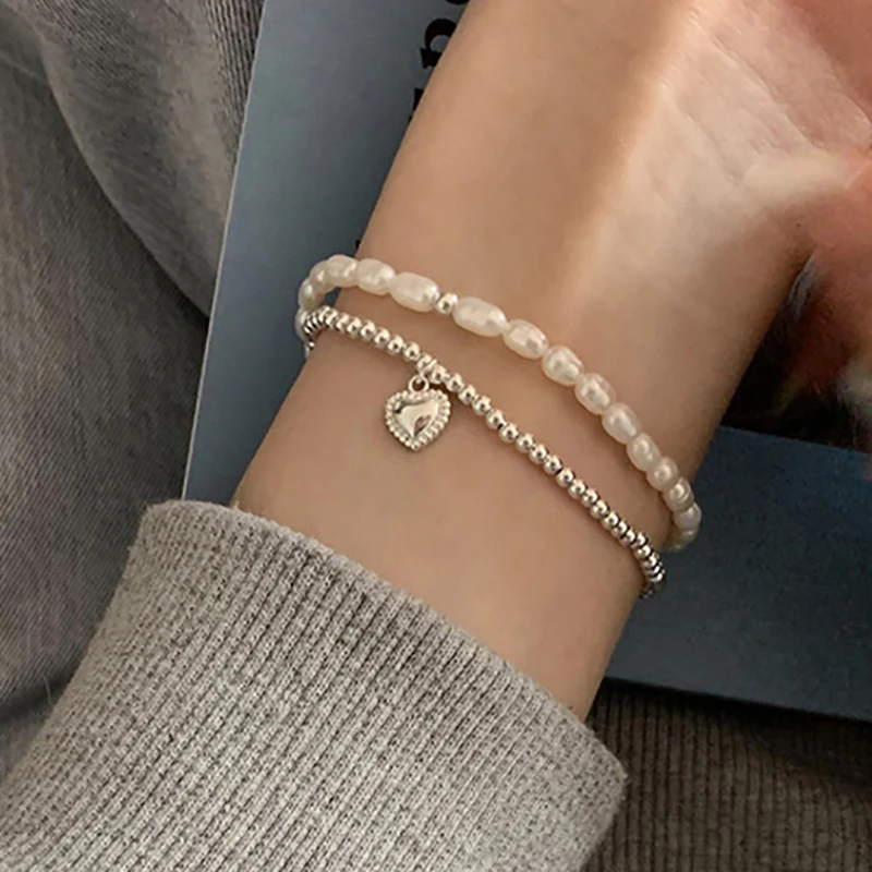 Браслет женский FOXANRY с жемчужинами, браслет с сердечками для влюбленных пар, Элегантная двухслойная цепочка с бусинами, подарочное ювелирное изделие для невесты