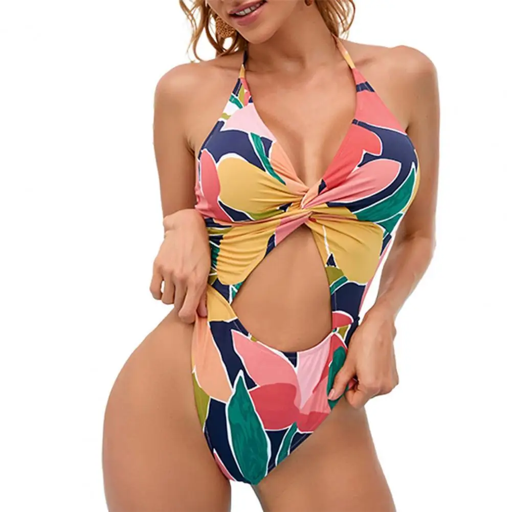 

Monokini Hollowed-out Bikini Backless Lace Up One Piece Floral Print Summer Women Swimsuit Beachwear