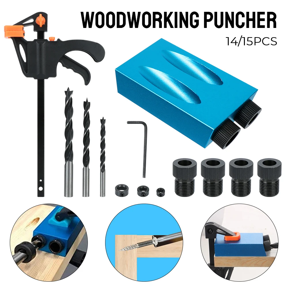 7/14/15Pcs Pocket Hole Jig Kit Woodworking Hole Drilling Guide Locator Tool 15 Degrees Hole Puncher With Drill Bit Set Hand Tool