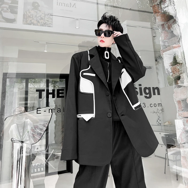 Net Celebrity Black White Colorblock Edge Suit Coat Men Streetwear Fashion Loose Casual Hip Hop Blazers Suit Jacket Male Blazer