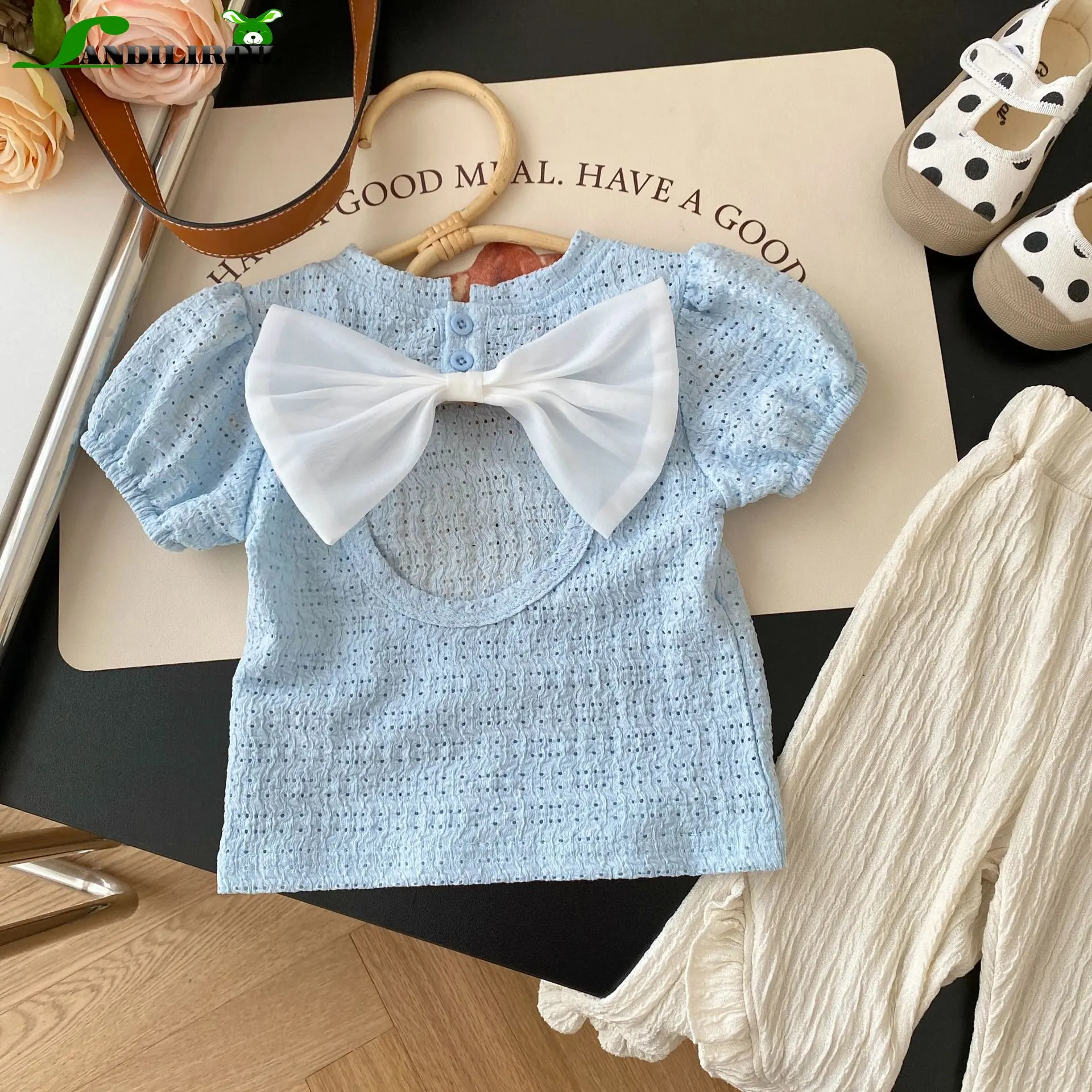 

2023 New in: Baby Girls Backless Bow Top t-shirts Ruched Flare Pants Solid Color - Fashion-Forward Infant Children clothes 3M-6Y