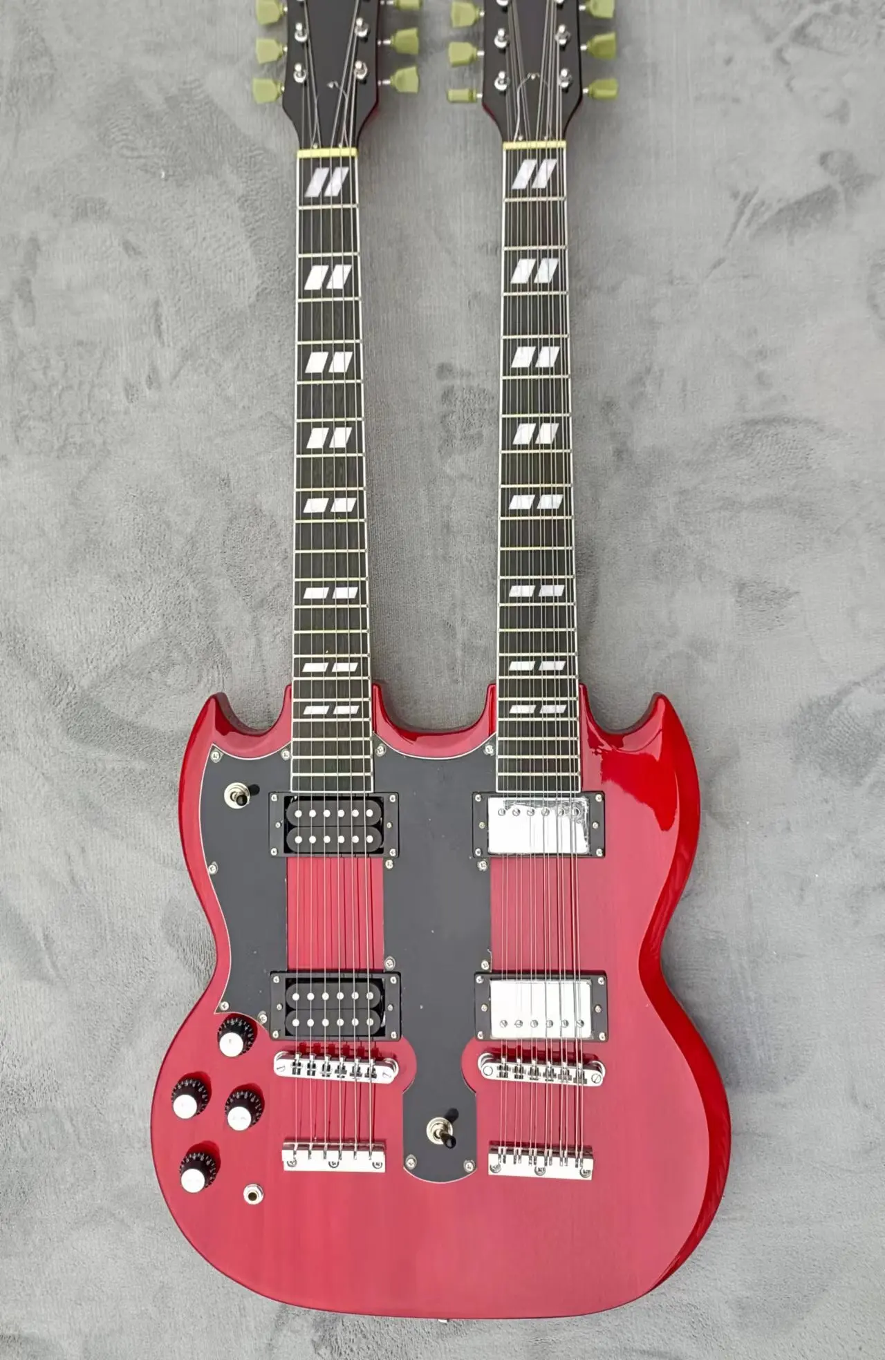 

Электрогитара SG с двойной левой головкой, 6 струн + 12 струн, прозрачный красный, специальный конский мост, Нефритовая цитра, металл