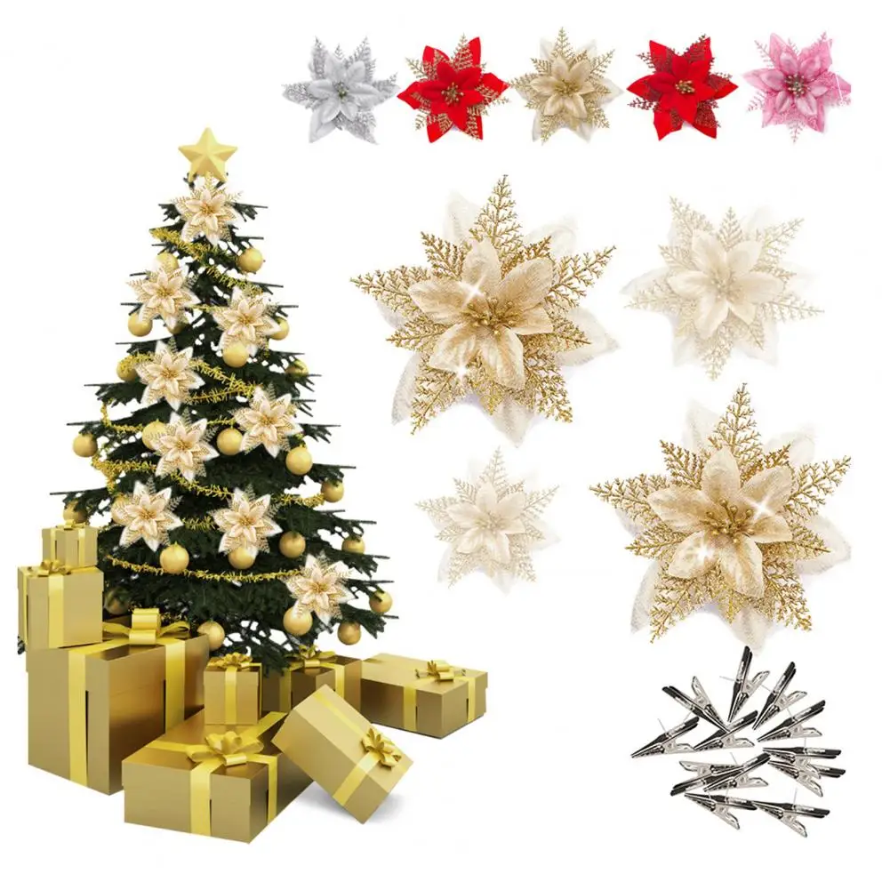 

Glitter Artificial Christmas Flowers Xmas Tree Ornaments DIY Christmas Decorations for Home New Year Gift Simulation Flower