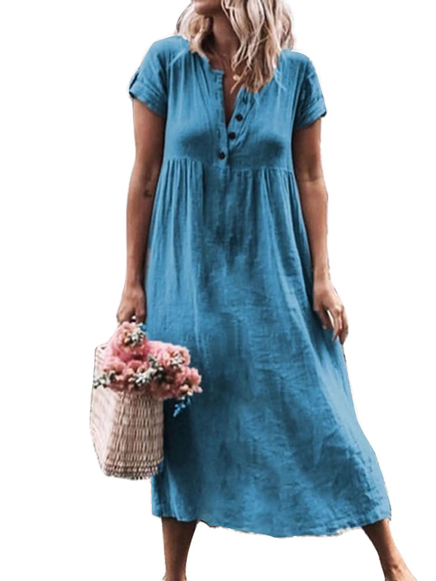 

Платье-Макси женское с коротким рукавом, праздничный пляжный Повседневный свободный сарафан с полуоткрытым воротником, однотонные женские...