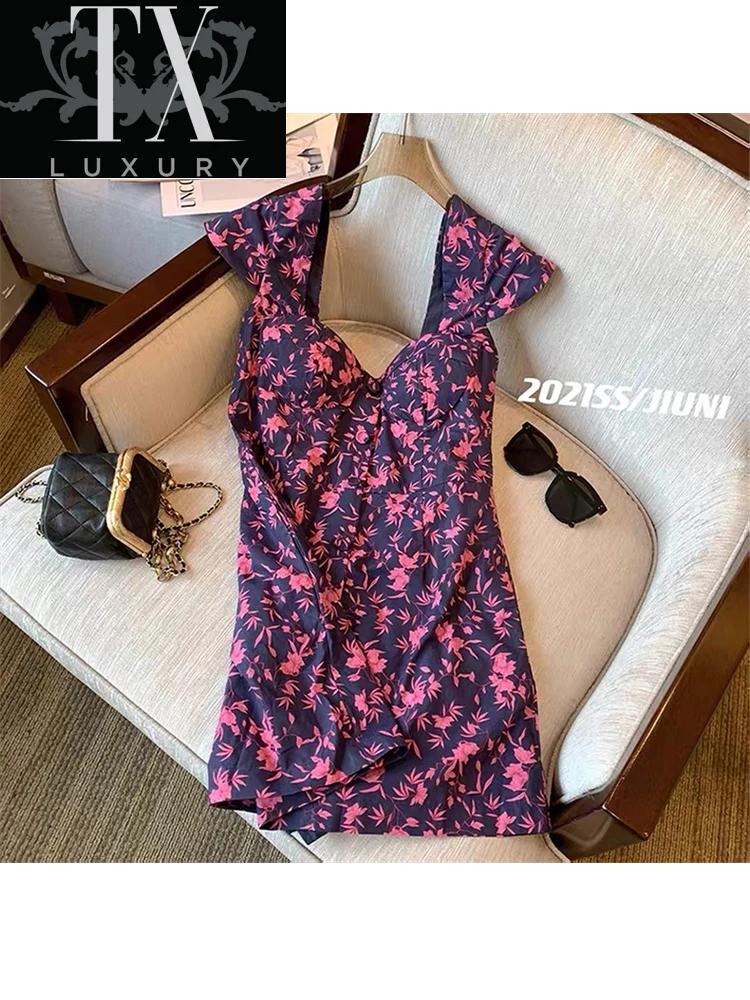 

French Sexy Square Collar Mini Dresses Summer Sweet Flower Print Backless Sleeveless Vestidos Y2k Bodycon Party Clubwear Ladies