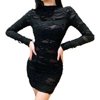 women dark gothic punk long sleeve bodycon mini pencil dress harajuku vintage ripped holes high waist party clubwear