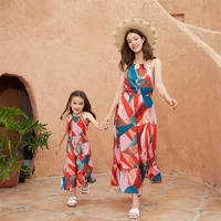 bohe style mother daughter matching dresses family set sleeveless mommy and me clothes fashion woman girls long dress outfits