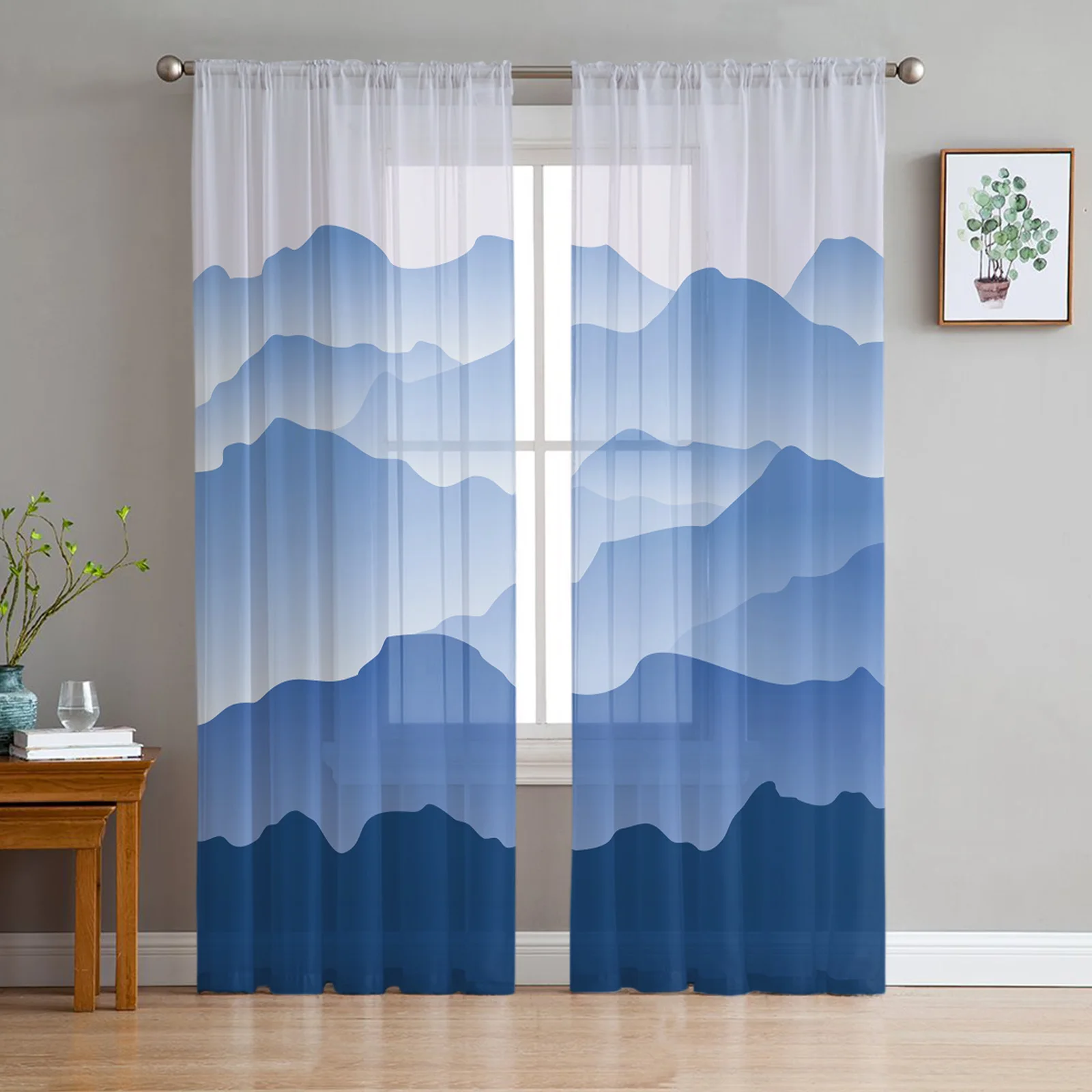 

Синие шифоновые тюлевые занавески Ink Mountain Peak для гостиной, занавески для дома, балкона, кофейный декор, для отеля, спальни, вуаль, занавески