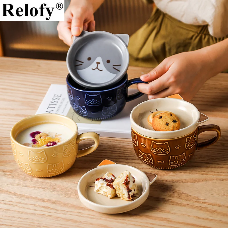 

400ml Creative Ceramic Coffee Mugs with Lid Cute Cat Porcelain Cup Family Breakfast Milk Juice Cup Beverage Utensil Drinkware