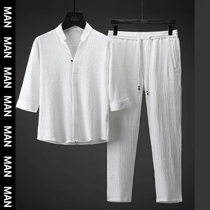 

Ice Silk Suit Thin Five-point Sleeve Men's Summer Large Size Loose Sleeve T-Shirt Folded Two-piece