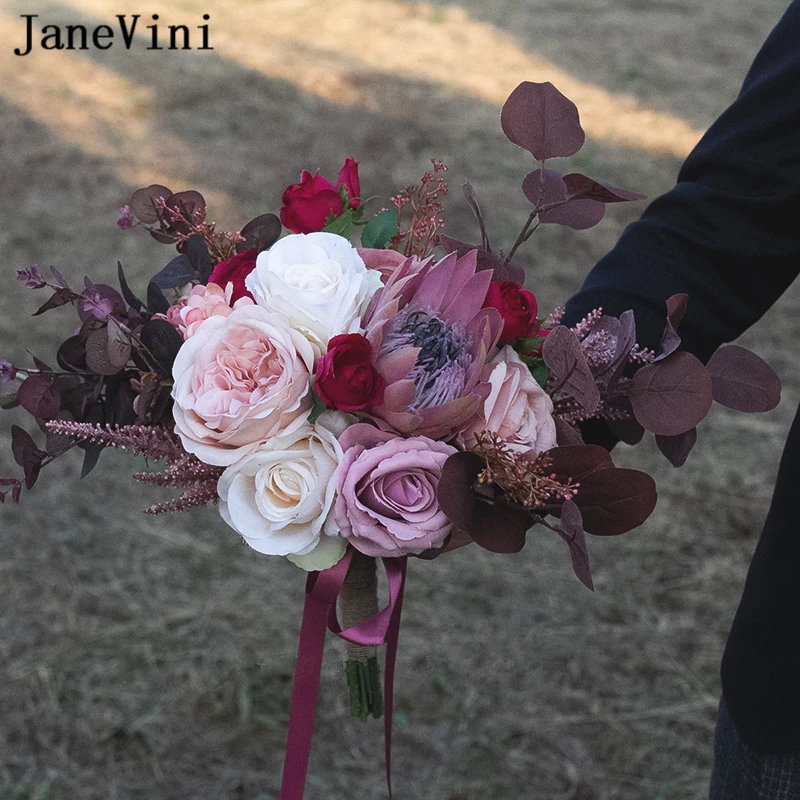 

JaneVini Luxury European Dusty Pink Weding Bouquets Bridal Emperor Flowers Artificial Eucalyptus Silk Roses Bride Bouquet Marie