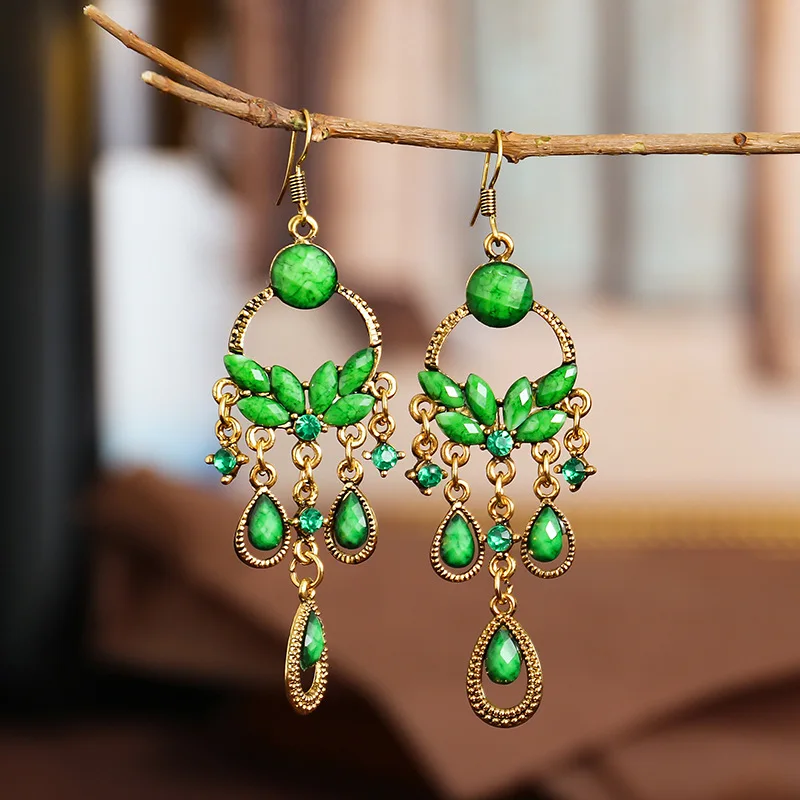 

Ethnic Vintage Long Colorful Flower Water Drop Earrings for Women Antique Gold Color Metal Dangle Earring Boho Wedding Jewelry