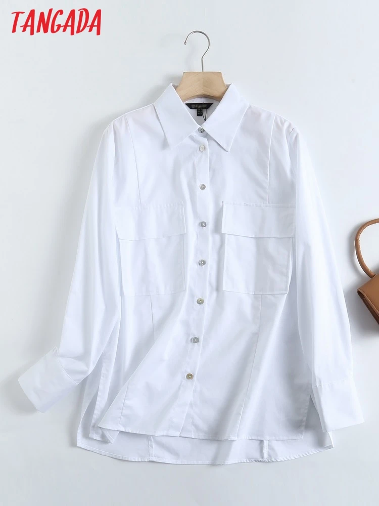 

Tangada 2022 Women High Quality White Cotton Thick Shirt Blouse Long Sleeve Chic Female Office Lady Tops 6D121