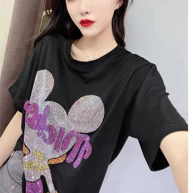 

Брендовая женская футболка для девочек, топы, модная роскошная дизайнерская футболка с Микки Маусом, летняя брендовая футболка с мультяшным принтом