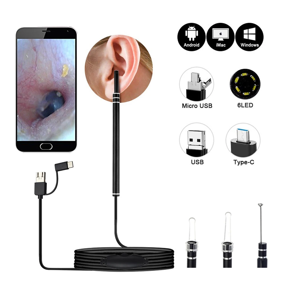 3 in 1 Ear Endoscope Camera 5.5mm USB Visual Ear Spoon Otoscope Ear Cleaning Kit Earwax Removal Tool Ear Scope For Phone PC