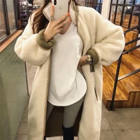 winter long lamb velvet stand up collar zipper jacket with color matching on both sides to keep warm and soft windbreaker jacket