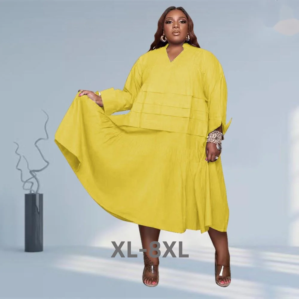 Plus Size New Fall Shirt Dresses for Women Clothes Wholesale Casual Loose Big Hem v Neck Fold Maxi Dress Stre 3xl 4xl 5xl 6xl