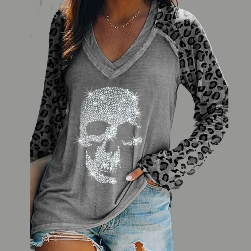 

2022 Leopard Skull Printed Long Sleeve T-Shirts Casual Women Deep V-Neck Tops Fashion Tee Shirt Streetwear Y2K Shirt Plus Size