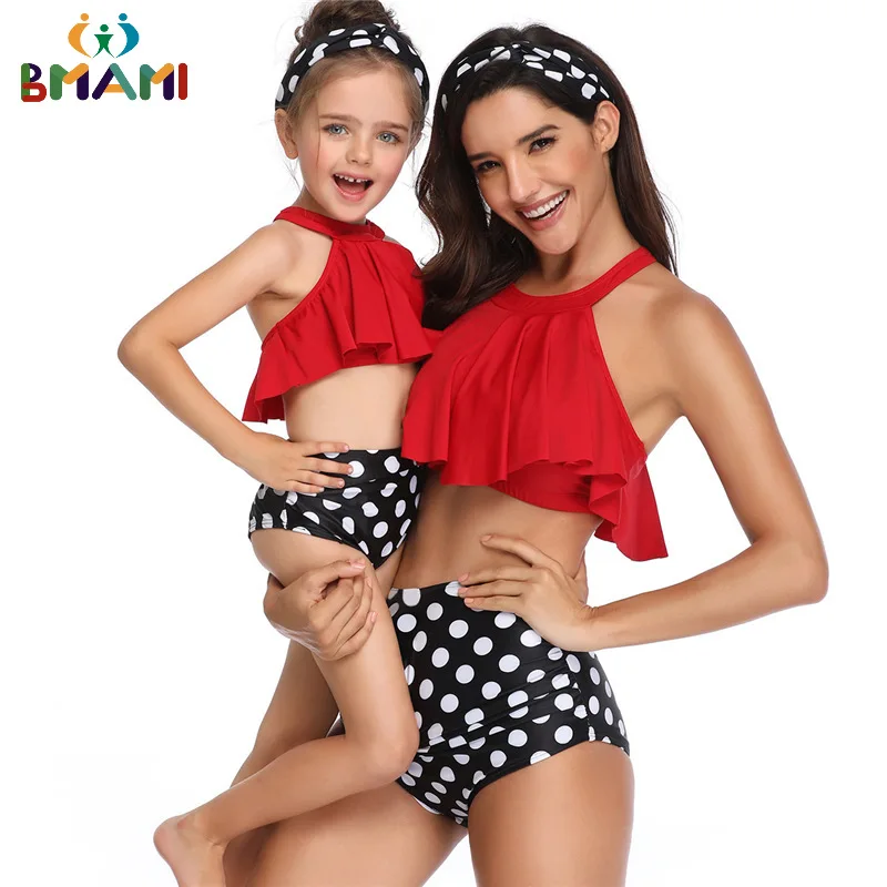 

Family Matching Clothes Mother And Daughter Swimsuit Nylon Red Flounce Bikini Polka Dot Tie Wrap Bathing Suit Family Look