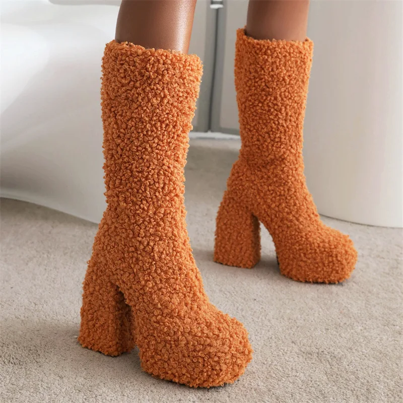 Women Boots 2022 New Luxury Winter Platform High Heels Women Shoes Designer  40 41 Party Punk Hairiness Lady Middle Calf Boots