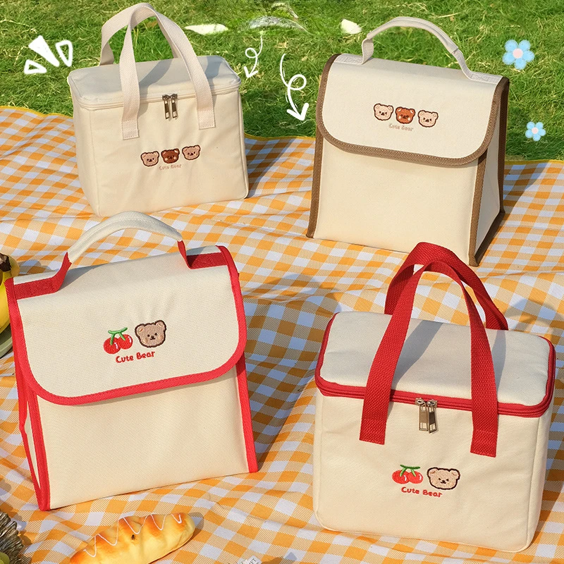 

Ins Bear Lunch Bag Canvas Large Capacity Insulation Handbags Multifunctional Thermal Breakfast Box Portable Picnic Travel 2023