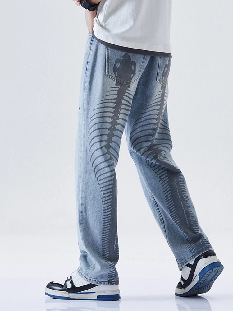 Four Seasons Men Jeans High Street Fishbone Print Jeans Men Korean Trend Loose Straight Wide Leg Pants Ins Hot Sale Men Clothing