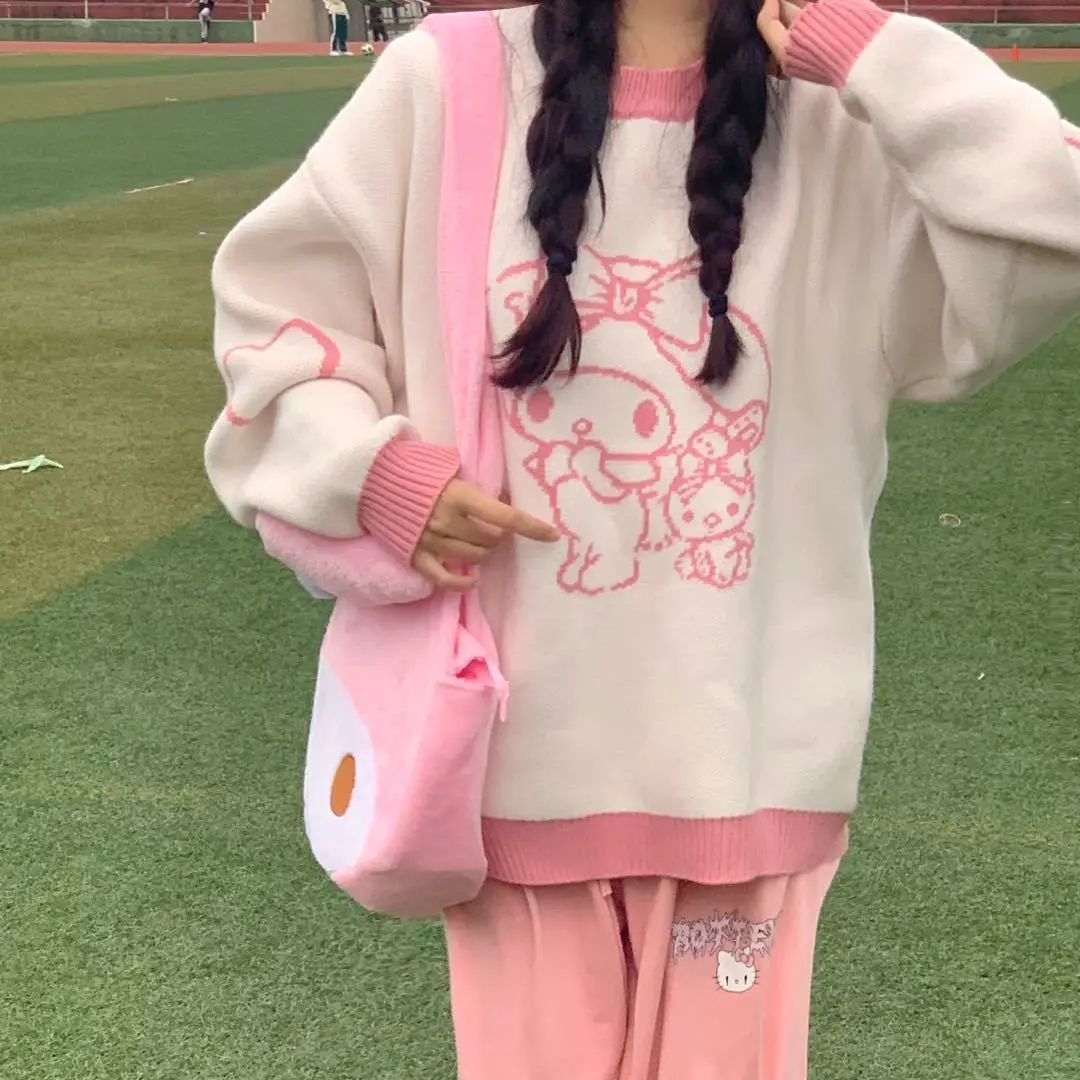 

Милый свитер Sanrios, милый студенческий пуловер, вязаный Топ, аниме Kuromi Cinnamoroll My Melody, милый мультяшный подарок на день рождения