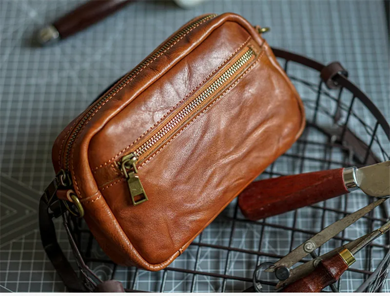 Simple luxury genuine leather men's pleated small shoulder bag outdoor daily fashion handmade real cowhide teens messenger bag