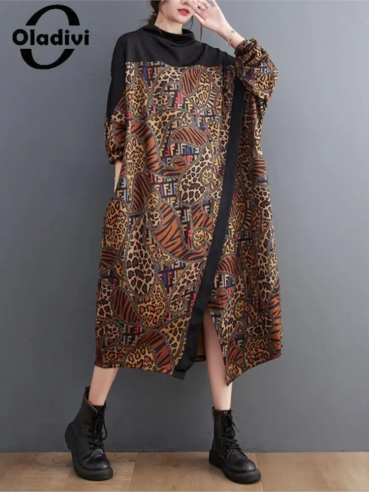 Oladivi Large Size Women Clothing Fashion Print Long Sleeve Casual Loose Dress 2022 Summer New Oversized Dresses Long Robe 9055