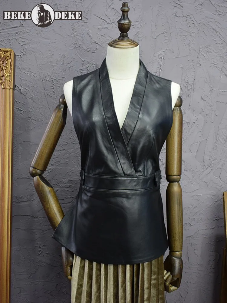 Office Ladies V Neck Slim Fit Vest Top Sleeveless Sheepskin Genuine Leather Jacket Vintage Women Autumn Casual Waistcoat Vests