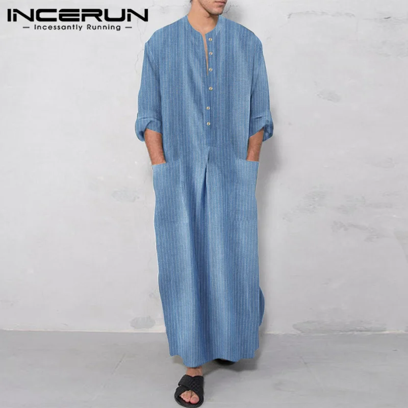 

Мужской мусульманский кафтан в полоску ретро халаты с круглым вырезом с длинным рукавом Jubba Thobe карманы исламский арабский 2023 Caftan Мужская яркая одежда INCERUN