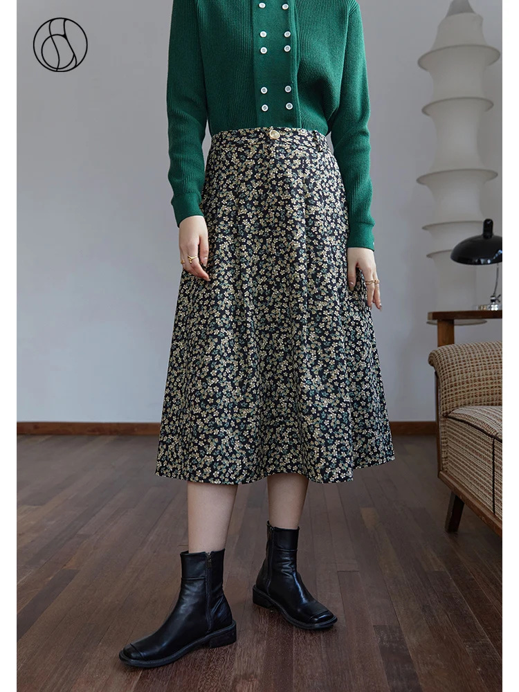 

DUSHU Women's Winter Fleece High-waist Floral Skirt Green Padded Retro Umbrella Dress Women Fashionable Commuter A-line Skirts