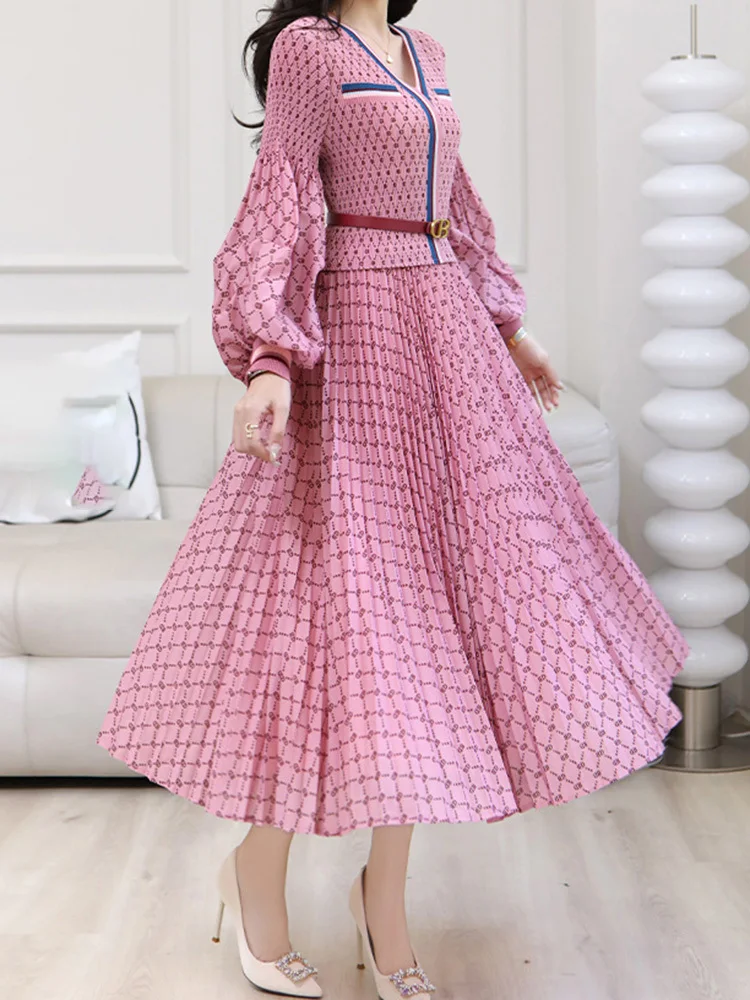 

Miyake Elegant Print A-line Dress Women 2023 Spring New Pleated V-neck Long Sleeve Belt Female Fashion Color Block Clothes