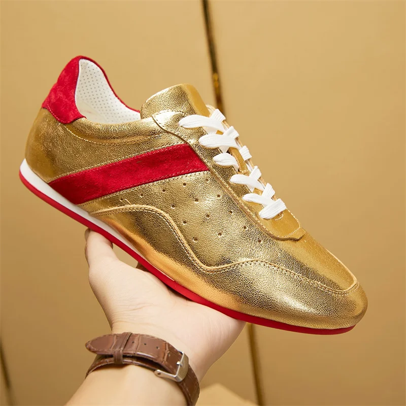 

Designer Top Luxury Red Sole Breathable Shoes Genuine Leather Flat Gold Upper Style Men's Fashions Brands Casual Sports Sneakers