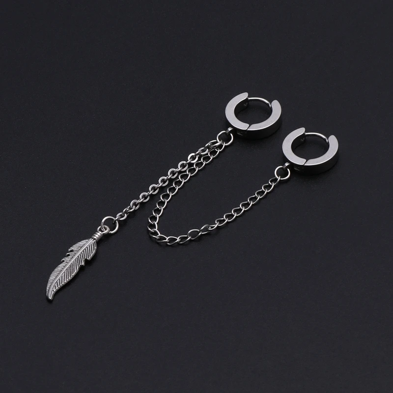 Fashion Earrings for Men Titanium Feather Pendant Double Long Chain Women Korean Jewelry | Украшения и аксессуары
