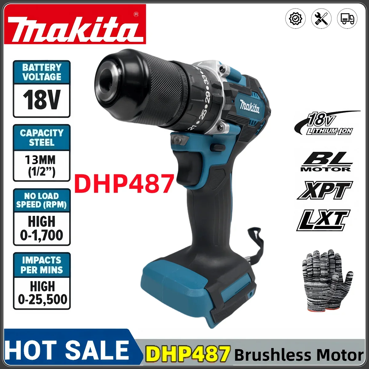 Makita Новый DHP487 13 мм Аккумуляторная ударная дрель 18VLXT Бесщеточный двигатель