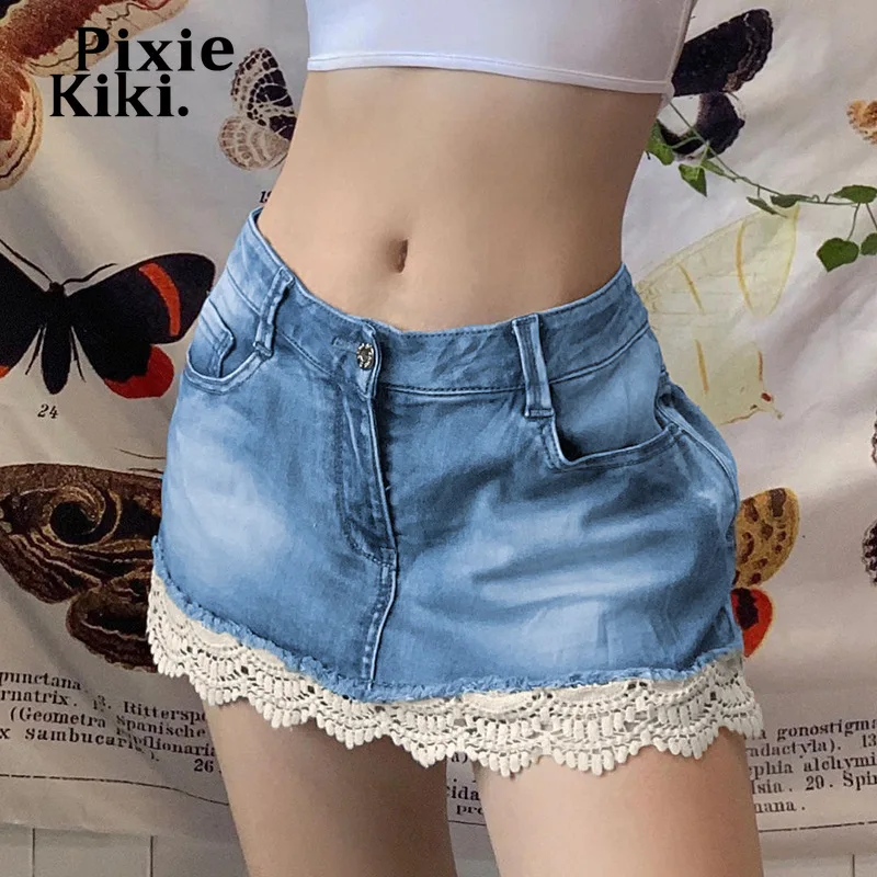 

PixieKiki Y2k Harajuku Lace Patchwork Blue Denim Skirt Women 2022 Summer Low Rise Mini Skirts for Girls 90s Fashion P56-CI26