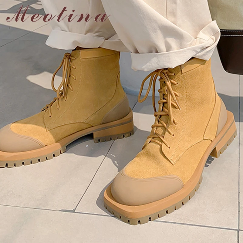 

Женские ботильоны из натуральной кожи Meotina, осенне-зимние короткие ботинки на платформе, с квадратным носком, на среднем массивном каблуке, со шнуровкой, 40