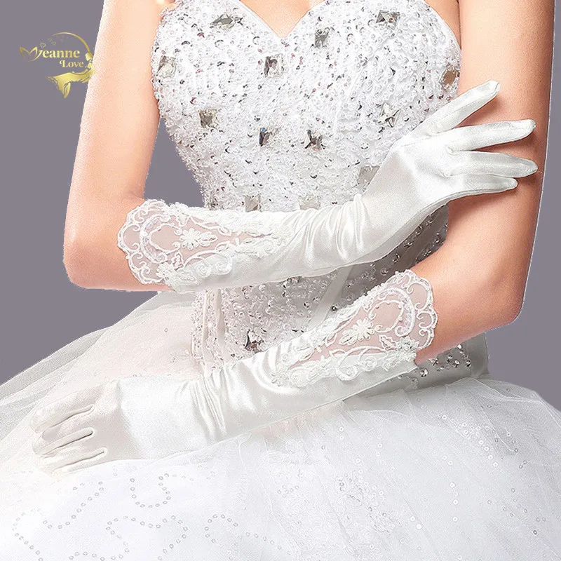 

1 пара Длинные атласные свадебные перчатки с вышивкой на весь палец кружевная отделка товары для студии Свадебные перчатки Аксессуары для н...