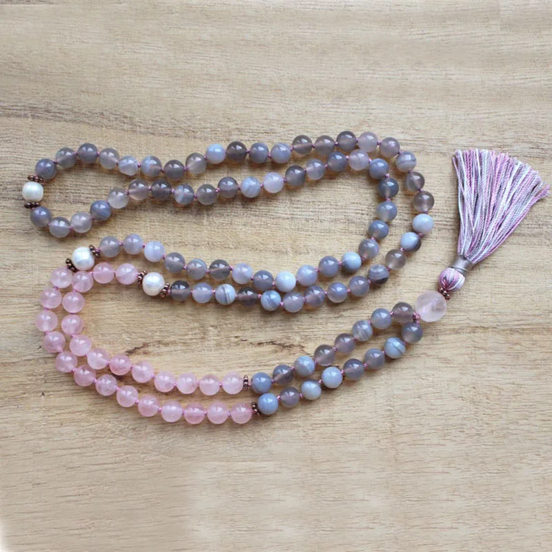 8 мм розовый Q-uartz серый A-gate Mala 108 медитационные бусины ожерелья для женщин