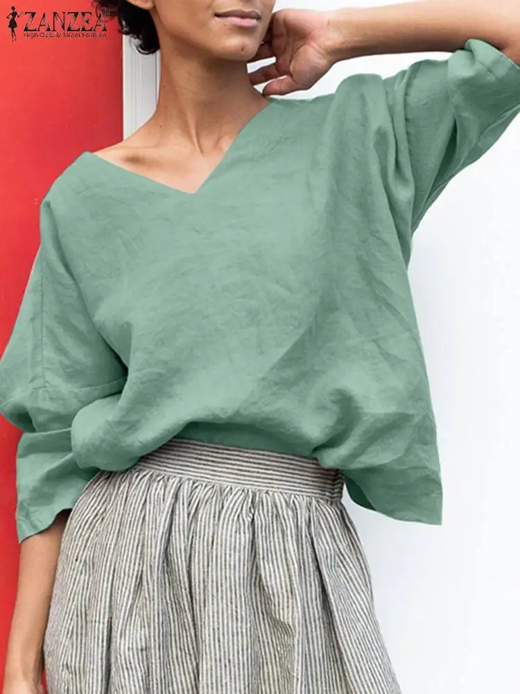 

Винтажные хлопковые топы с V-образным вырезом и рукавом 3/4, модная летняя женская блузка ZANZEA, Однотонная рубашка, женские повседневные свобо...