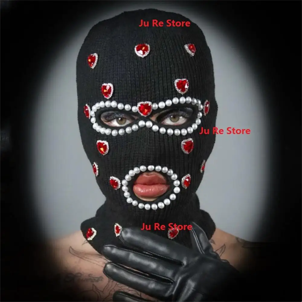 

INS Network Red Same Spicy Girl American Hip Hop Rock Party Handmade Diamonds Love DIY Pearl Knit Pullover Masked Hat