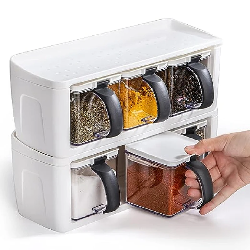 Стеллаж для специй с ручкой крышкой и ложкой 3 ячейки прозрачные кухонные емкости